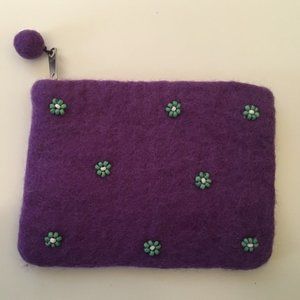 Purple felted zipper bag with beaded front.